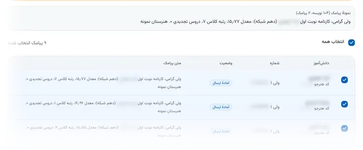 پیش‌نمایش پیامک کارنامه برای اولیا، پیش از ارسال و با شماره‌های پوشیده (دادهٔ نمایشی)